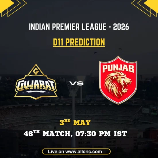 GT vs PBKS Dream11 prediction today match IPL 2026 poster featuring Gujarat Titans vs Punjab Kings, D11 prediction, 46th match on May 3 at 7:30 PM IST with team logos