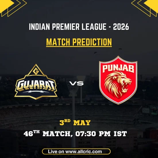GT vs PBKS today match prediction IPL 2026 poster featuring Gujarat Titans vs Punjab Kings, 46th match on May 3 at 7:30 PM IST with team logos and match details