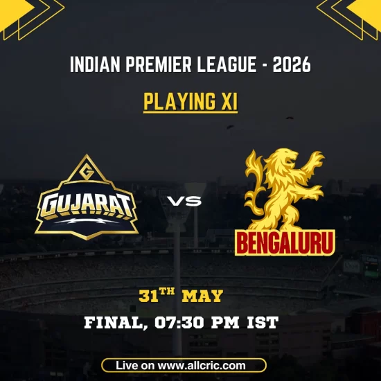 GT vs RCB playing 11 today IPL 2026 Final poster featuring Gujarat Titans vs Royal Challengers Bengaluru at Narendra Modi Stadium on May 31 at 7:30 PM IST.