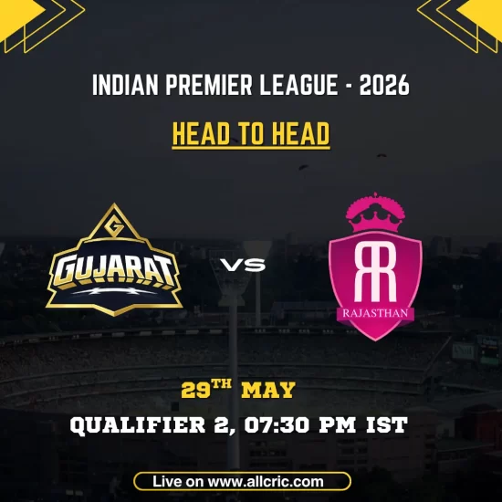 GT vs RR head to head today IPL 2026 Qualifier 2 poster featuring Gujarat Titans vs Rajasthan Royals on May 29 at 7:30 PM IST.