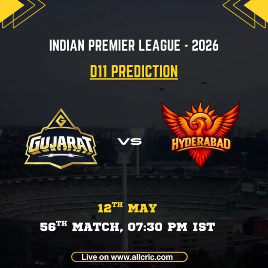 GT vs SRH Dream11 prediction today match poster for IPL 2026 featuring Gujarat Titans vs Sunrisers Hyderabad, 56th match on 12th May at 7:30 PM IST with team logos and fantasy cricket match details.