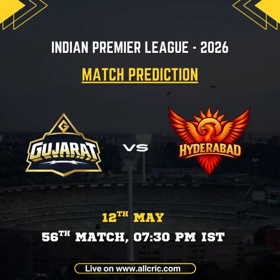 GT vs SRH today match prediction IPL 2026 poster featuring Gujarat Titans vs Sunrisers Hyderabad, 56th match on May 12 at 7:30 PM IST with team logos and match details.