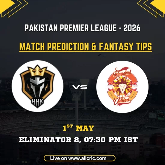 HHK vs IU match prediction and fantasy tips poster for Pakistan Premier League 2026 featuring Hyderabad Kingsmen vs Islamabad United, Eliminator 2 on May 1 at 7:30 PM IST.