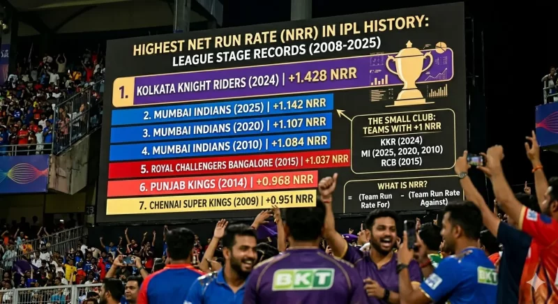 Highest net run rate in IPL history graphic showing Kolkata Knight Riders 2024 on top with +1.428 NRR, followed by Mumbai Indians 2025, Mumbai Indians 2020, Mumbai Indians 2010, and RCB 2015.