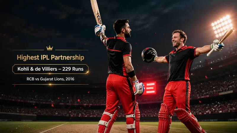Highest IPL partnership graphic showing Virat Kohli and AB de Villiers celebrating their record 229-run stand for RCB against Gujarat Lions in 2016.
