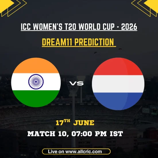 IND-W vs NED-W Dream11 Prediction Today Match graphic for ICC Women’s T20 World Cup 2026 featuring India Women vs Netherlands Women. Includes Dream11 team prediction, fantasy cricket tips, captain and vice-captain picks, match details, and fantasy insights for the Headingley, Leeds clash on 17 June 2026.