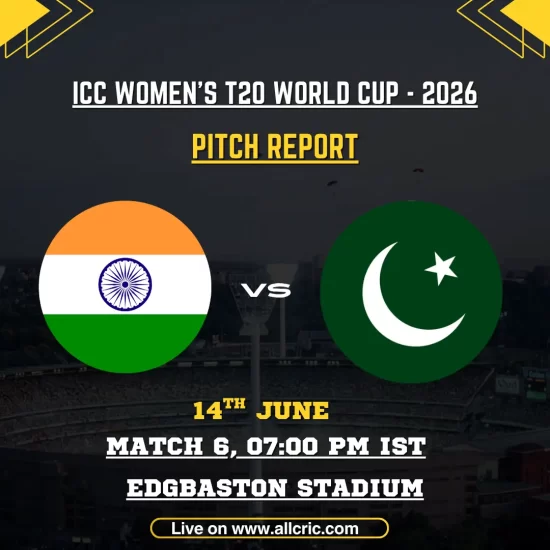 IND-W vs PAK-W pitch report today for ICC Women’s T20 World Cup 2026 at Edgbaston Stadium, Birmingham. The graphic highlights India Women vs Pakistan Women, featuring a balanced but seam-friendly pitch, WT20 venue stats, batting vs bowling conditions, expected score range, and key fantasy bowling insights.