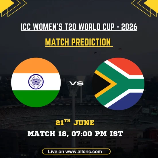 IND-W vs SA-W today match prediction graphic for Match 18 of the ICC Women’s T20 World Cup 2026 at Old Trafford, Manchester. The image features India Women vs South Africa Women, scheduled for June 21 at 7:00 PM IST. The preview focuses on the IND-W vs SA-W match prediction and toss prediction, highlighting Smriti Mandhana, Harmanpreet Kaur, Laura Wolvaardt, and Nonkululeko Mlaba as key players on a batting-friendly pitch.