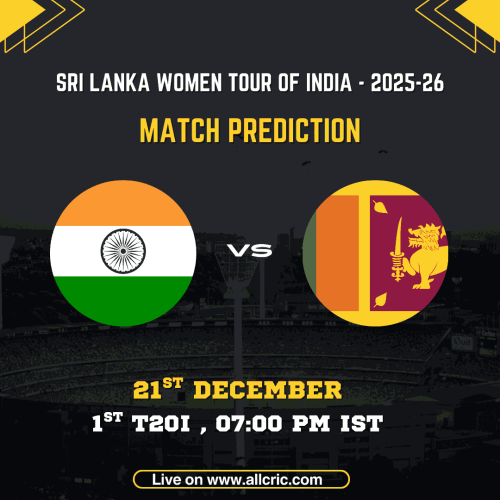 IND W vs SL W today match prediction graphic for 1st T20I of Sri Lanka Women tour of India 2025-26, showing India Women vs Sri Lanka Women flags, match date 21 December, venue ACA-VDCA Stadium Visakhapatnam, and Dream11 fantasy prediction focus.