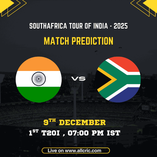 IND vs SA 1st T20I match prediction graphic showing India vs South Africa on 9th December, 7:00 PM IST, with national flags and stadium background — optimized for ind vs sa dream11 prediction today match, ind vs sa today match prediction, ind vs sa t20 prediction, ind vs sa match prediction, ind vs sa t20 dream11 prediction, and ind vs sa win probability.
