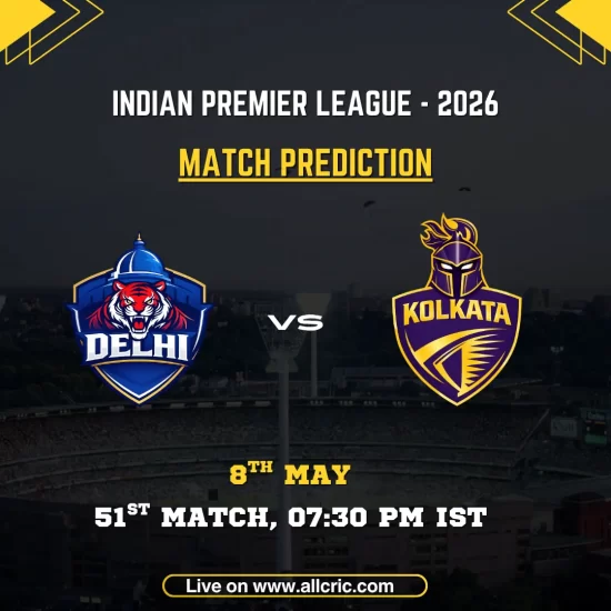 DC vs KKR today match prediction IPL 2026 poster featuring Delhi Capitals vs Kolkata Knight Riders, 51st match on May 8 at 7:30 PM IST with team logos and match details.