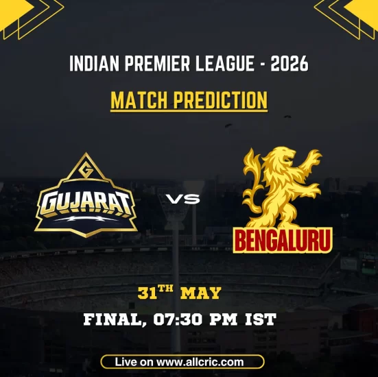 GT vs RCB today match prediction IPL 2026 Final poster featuring Gujarat Titans vs Royal Challengers Bengaluru on May 31 at 7:30 PM IST.