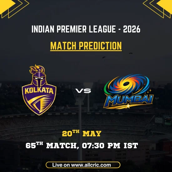 KKR vs MI today match prediction IPL 2026 poster featuring Kolkata Knight Riders vs Mumbai Indians, 65th match on May 20 at 7:30 PM IST.