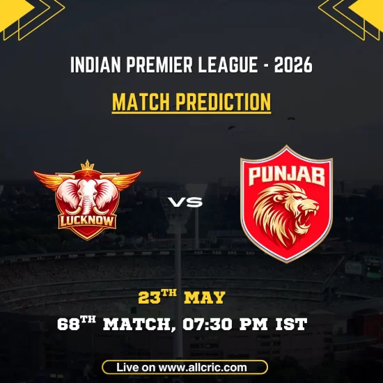 LSG vs PBKS today match prediction IPL 2026 poster featuring Lucknow Super Giants vs Punjab Kings, 68th match on May 23 at 7:30 PM IST.