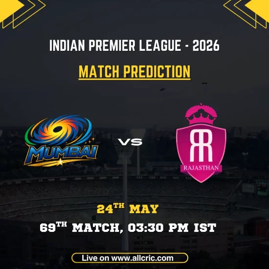 MI vs RR today match prediction IPL 2026 poster featuring Mumbai Indians vs Rajasthan Royals, 69th match at Wankhede Stadium on May 24 at 3:30 PM IST.