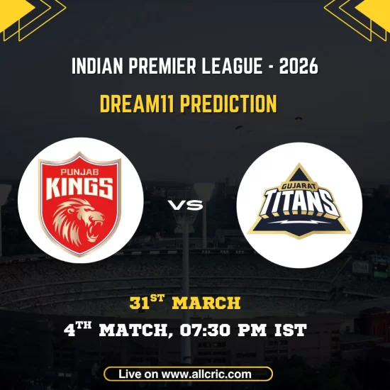 IPL 2026 Dream11 prediction match card for Punjab Kings vs Gujarat Titans, 4th Match. Punjab Kings red lion shield logo and Gujarat Titans navy triangle crest displayed in circular frames on either side of a "VS" marker against a dark stadium backdrop. Match details read: 4th Match, 31st March, 07:30 PM IST. Website URL allcric.com shown at the bottom.