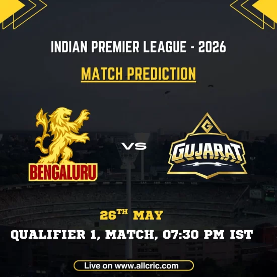 RCB vs GT today match prediction IPL 2026 Qualifier 1 poster featuring Royal Challengers Bengaluru vs Gujarat Titans on May 26 at 7:30 PM IST.