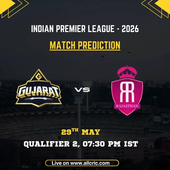 GT vs RR today match prediction IPL 2026 Qualifier 2 poster featuring Gujarat Titans vs Rajasthan Royals on May 29 at 7:30 PM IST.