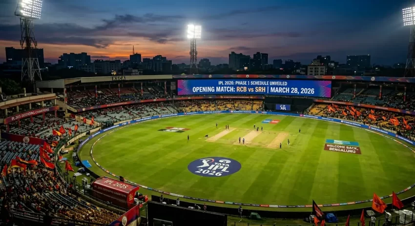 M Chinnaswamy Stadium Bengaluru during IPL 2026 opening match announcement, showing RCB vs SRH schedule on screen with packed crowd under lights.
