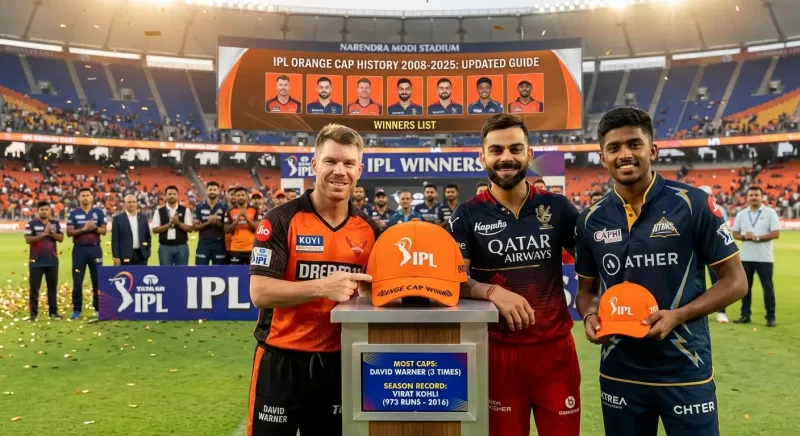 Three IPL Orange Cap winners pose at Narendra Modi Stadium — David Warner in Sunrisers Hyderabad jersey on the left, Virat Kohli in Royal Challengers Bengaluru jersey in the centre, and Sai Sudharsan in Gujarat Titans jersey on the right — alongside a podium displaying the Orange Cap. A placard on the podium reads: Most Caps: David Warner (3 times) and Season Record: Virat Kohli (973 runs – 2016). The stadium's large screen behind them shows the IPL Orange Cap History 2008–2025 updated guide with a winners list and player portraits.
