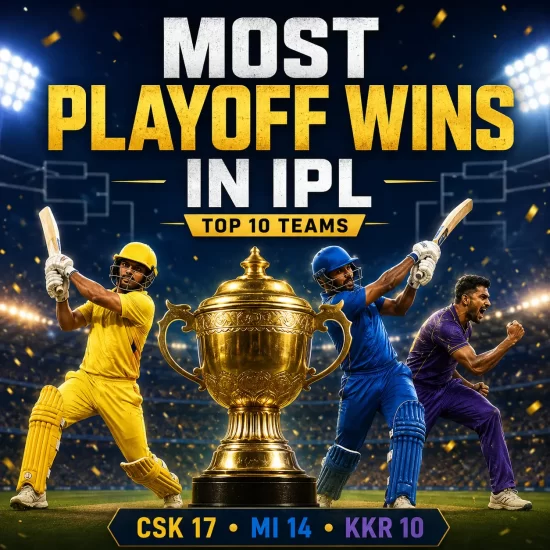 Most playoff wins in IPL history infographic showing the top 10 IPL teams updated through IPL 2026, with Chennai Super Kings leading on 17 playoff wins, followed by Mumbai Indians (14) and Kolkata Knight Riders (10).