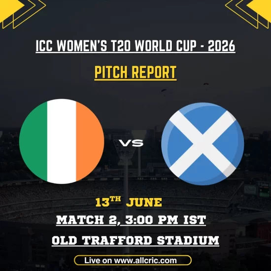 IRE-W vs SCO-W pitch report today for ICC Women’s T20 World Cup 2026 at Old Trafford Stadium, Manchester. The graphic features Ireland Women vs Scotland Women and highlights a bowling-friendly surface with early seam movement, spin assistance in the middle overs, and key pitch insights for the Group 2 clash.