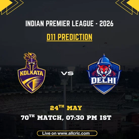 KKR vs DC Dream11 prediction today match IPL 2026 poster featuring Kolkata Knight Riders vs Delhi Capitals, D11 prediction, 70th match on May 24 at 7:30 PM IST.