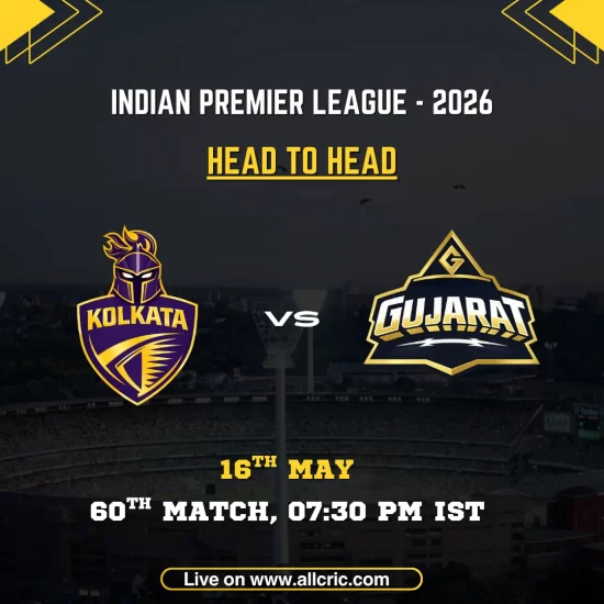KKR vs GT head to head today IPL 2026 poster featuring Kolkata Knight Riders vs Gujarat Titans, 60th match on May 16 at 7:30 PM IST with team logos.
