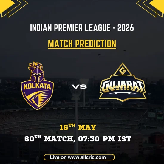KKR vs GT today match prediction IPL 2026 poster featuring Kolkata Knight Riders vs Gujarat Titans, 60th match on May 16 at 7:30 PM IST with team logos.