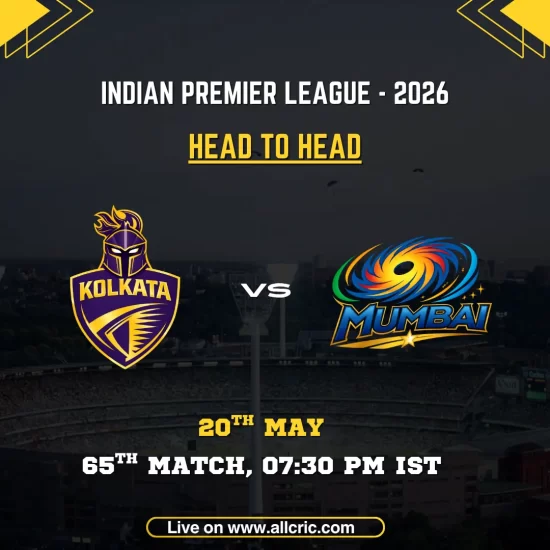KKR vs MI head to head today IPL 2026 poster featuring Kolkata Knight Riders vs Mumbai Indians, 65th match on May 20 at 7:30 PM IST with team logos.