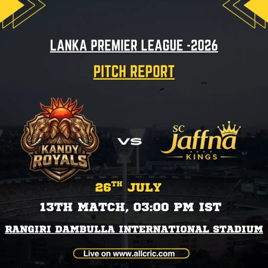 KR vs JK pitch report for Kandy Royals vs Jaffna Kings at Rangiri Dambulla International Stadium in LPL 2026.