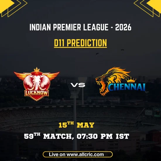 LSG vs CSK Dream11 prediction today match IPL 2026 poster featuring Lucknow Super Giants vs Chennai Super Kings, D11 prediction, 59th match on May 15 at 7:30 PM IST.