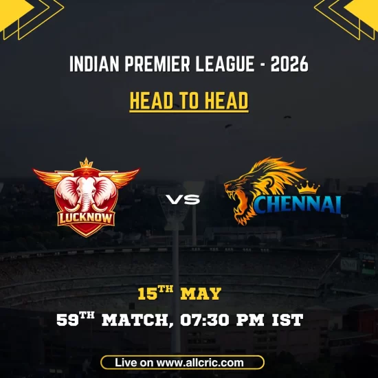 LSG vs CSK head to head today IPL 2026 poster featuring Lucknow Super Giants vs Chennai Super Kings, 59th match on May 15 at 7:30 PM IST with team logos.