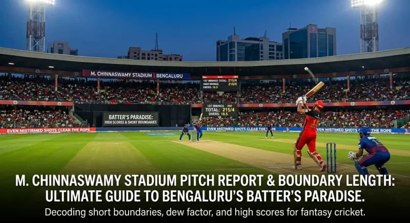 M. Chinnaswamy Stadium, Bengaluru pitch report guide image showing a live IPL match under floodlights. An RCB batter plays an aggressive shot with a wicketkeeper and fielders positioned, while the scoreboard displays 1st innings total of 215/4 in 18.5 overs. LED boundary boards read "Even Mistimed Shots Clear the Rope" and a pitch insight panel shows "Batter's Paradise: High Scores & Short Boundaries." Title text at the bottom reads "M. Chinnaswamy Stadium Pitch Report & Boundary Length: Ultimate Guide to Bengaluru's Batter's Paradise — Decoding Short Boundaries, Dew Factor, and High Scores for Fantasy Cricket.