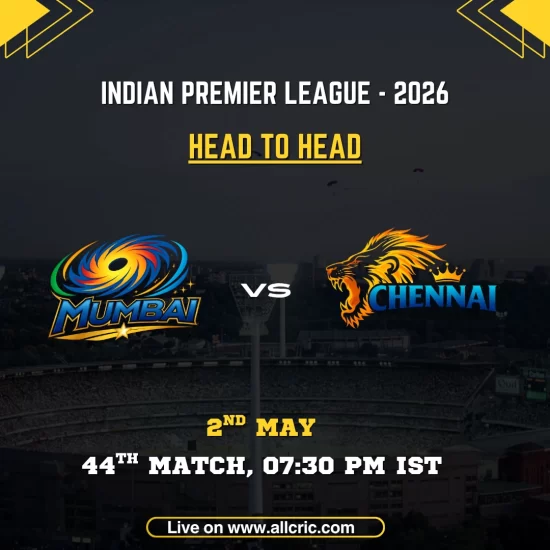 MI vs CSK head to head record IPL 2026 poster featuring Mumbai Indians vs Chennai Super Kings, 44th match on May 2 at 7:30 PM IST, with team logos and match details.