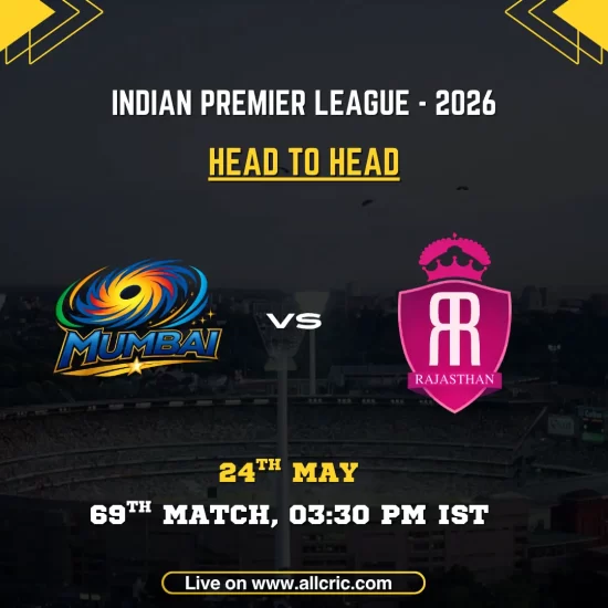 MI vs RR head to head today IPL 2026 poster featuring Mumbai Indians vs Rajasthan Royals, 69th match on May 24 at 3:30 PM IST.