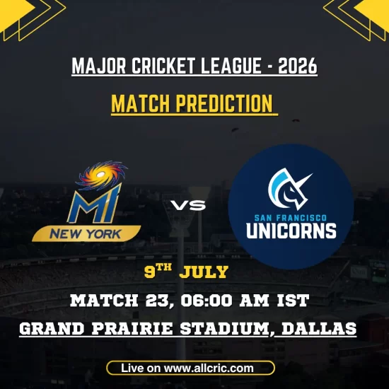 MINY vs SFU today match prediction graphic for MLC 2026 Match 23 featuring MI New York vs San Francisco Unicorns at Grand Prairie Stadium, Dallas, with match details and expert win prediction.