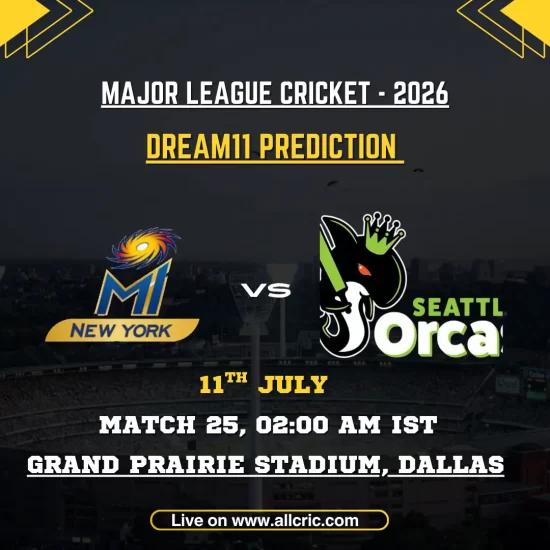 MINY vs SO Dream11 prediction today match for MI New York vs Seattle Orcas, MLC 2026 Match 25 at Grand Prairie Stadium, Dallas, featuring fantasy team, captain and vice-captain picks, pitch report, and Dream11 tips.