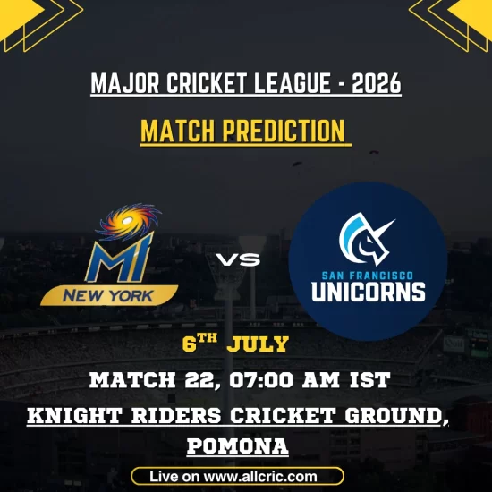 MINY vs SFU today match prediction graphic for MLC 2026 Match 22 featuring MI New York vs San Francisco Unicorns at Knight Riders Cricket Ground, Pomona, with match details and winner prediction.