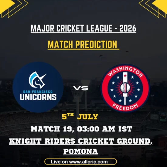 SFU vs WF today match prediction for Major League Cricket 2026 Match 19 at Knight Riders Cricket Ground, Pomona, featuring San Francisco Unicorns vs Washington Freedom with toss prediction, pitch report, probable playing XI, key players, and SFU vs WF win prediction.