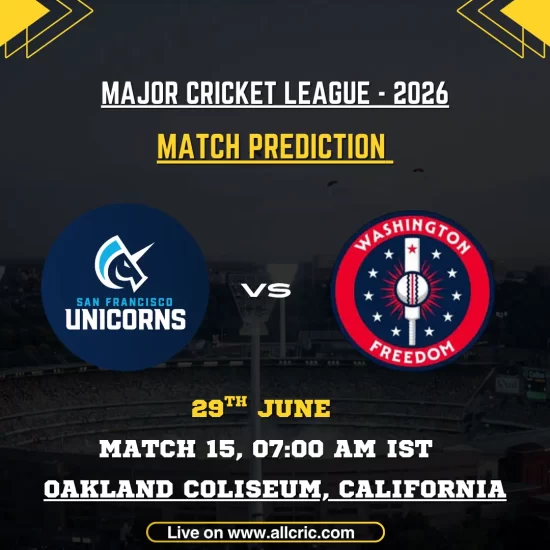 SFU vs WF today match prediction graphic for Major League Cricket 2026 Match 15 featuring San Francisco Unicorns vs Washington Freedom at Oakland Coliseum, California, with winner prediction and match details.