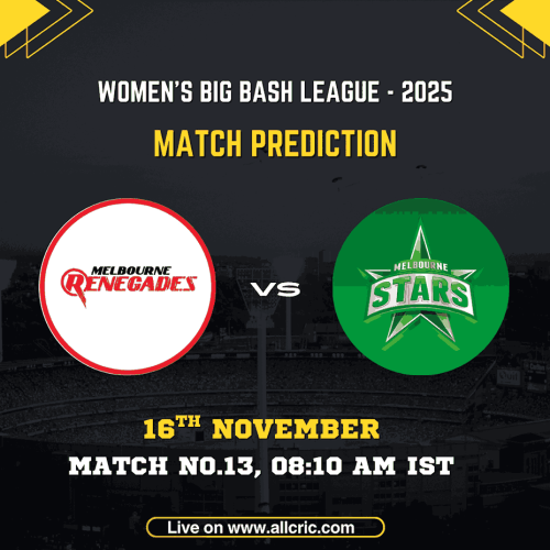 MR-W vs MS-W Match Prediction graphic for WBBL 2025 Match 13, featuring Melbourne Renegades Women vs Melbourne Stars Women logos, match date (16th November), time 08:10 AM IST, and AllCric branding.