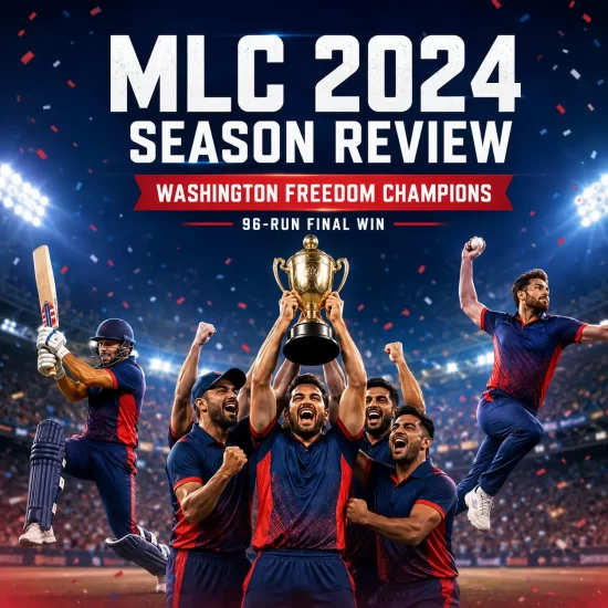 MLC 2024 season review graphic celebrating Washington Freedom’s championship-winning campaign after a 96-run victory in the final. The image features players lifting the trophy under confetti with the headline “MLC 2024 Season Review – Washington Freedom Champions.”