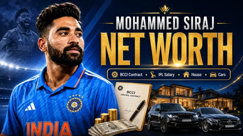 Mohammed Siraj net worth 2026 graphic featuring his BCCI contract, Gujarat Titans IPL salary, Hyderabad house and luxury cars.
