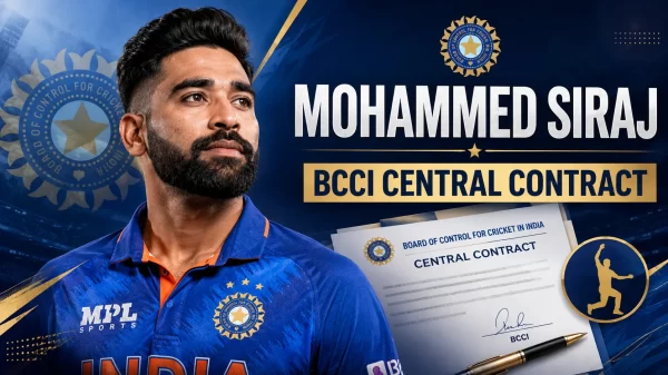 Mohammed Siraj BCCI central contract graphic featuring the Indian fast bowler and contract document.