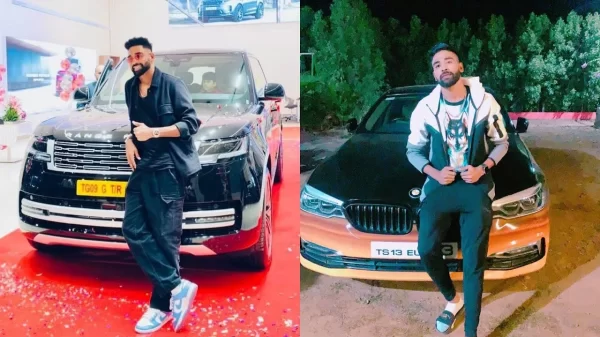 Mohammed Siraj posing with his Range Rover Vogue and BMW from his luxury car collection.