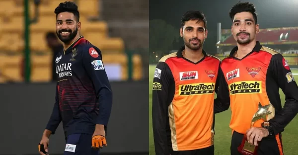 Mohammed Siraj IPL salary history collage featuring his Royal Challengers Bengaluru and Sunrisers Hyderabad years.