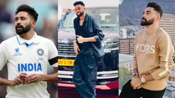 Mohammed Siraj net worth 2026 collage featuring his cricket career, Range Rover and luxury lifestyle.