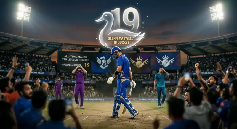 Most ducks in IPL history graphic showing Glenn Maxwell with 19 ducks, the highest all-time IPL record, with a stadium scoreboard and cricket crowd background.