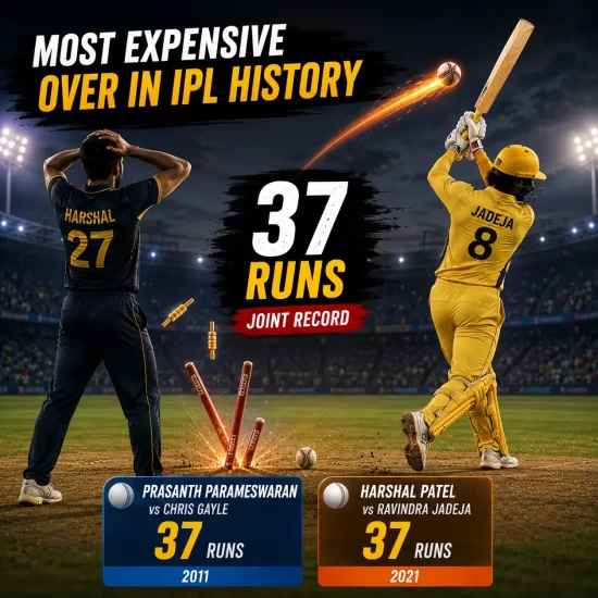Most expensive over in IPL history graphic showing the joint record of 37 runs, featuring Prasanth Parameswaran vs Chris Gayle in 2011 and Harshal Patel vs Ravindra Jadeja in 2021.